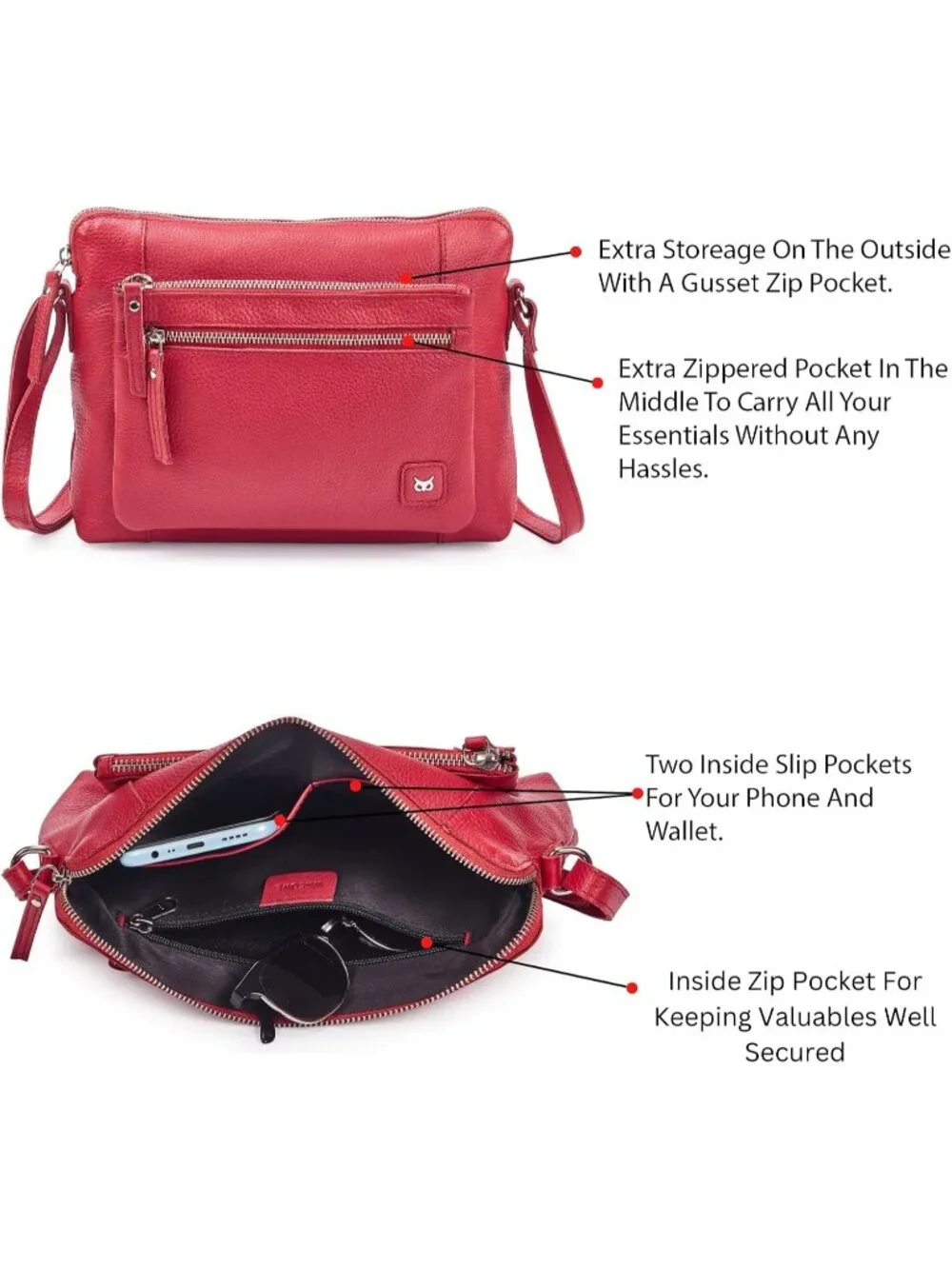 Women's Red Genuine Leather Sling Purse with Adjustable Strap Crossbody bags